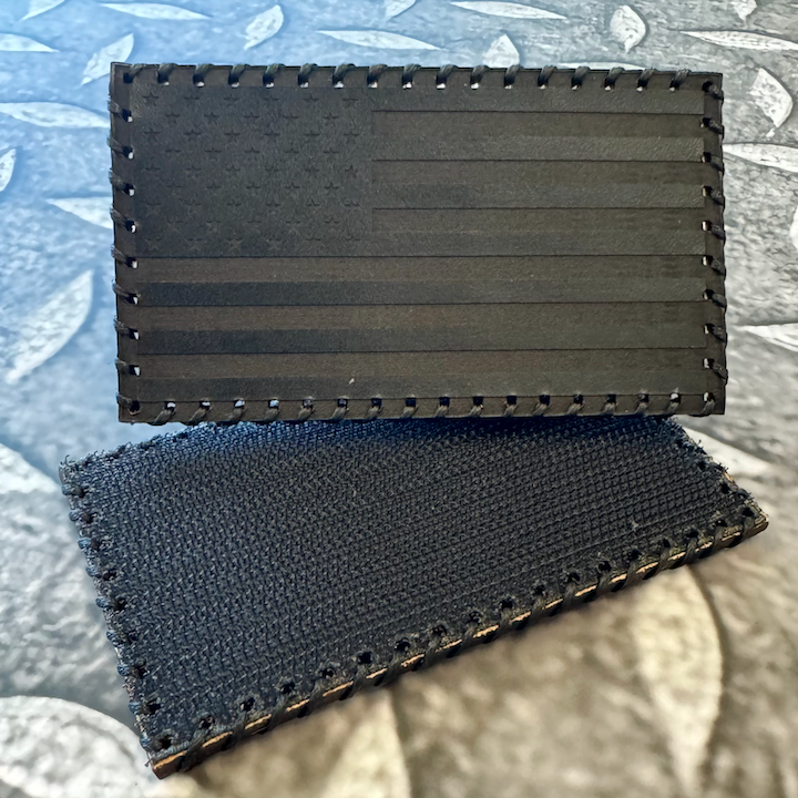 Hand Stitched Leather American Flag Patch - Black + Black Stitching