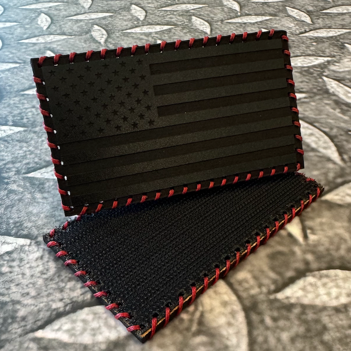 Hand Stitched Leather American Flag Patch - Black + Red Stitching