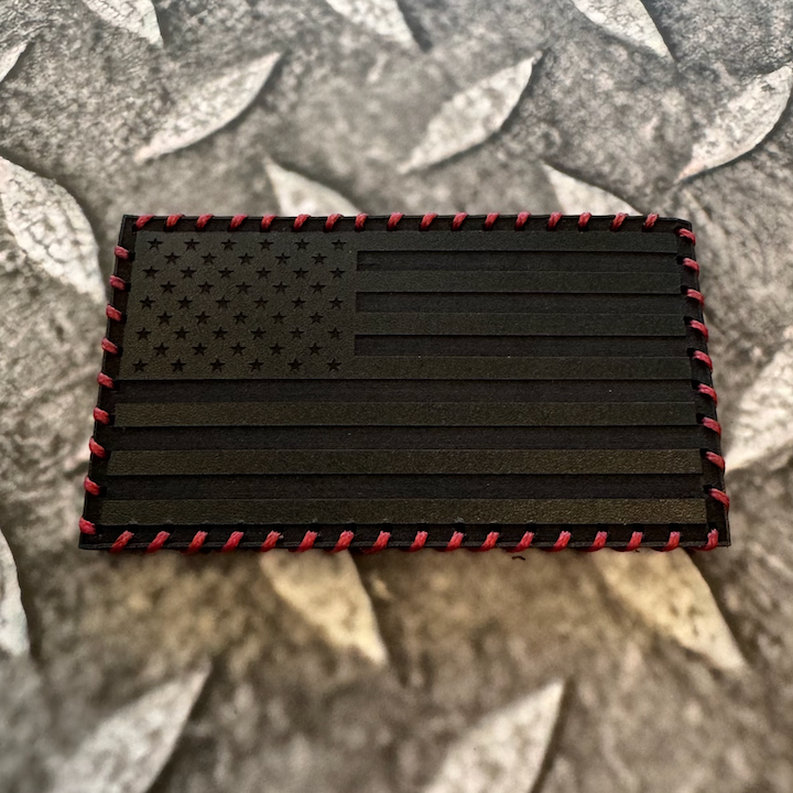 Hand Stitched Leather American Flag Patch - Black + Red Stitching