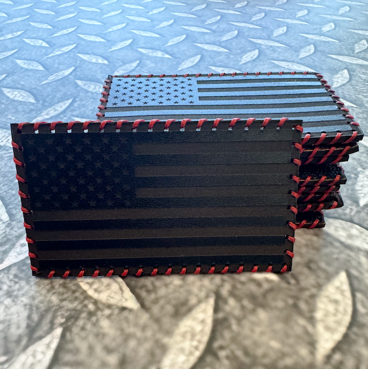 Hand Stitched Leather American Flag Patch - Black + Red Stitching