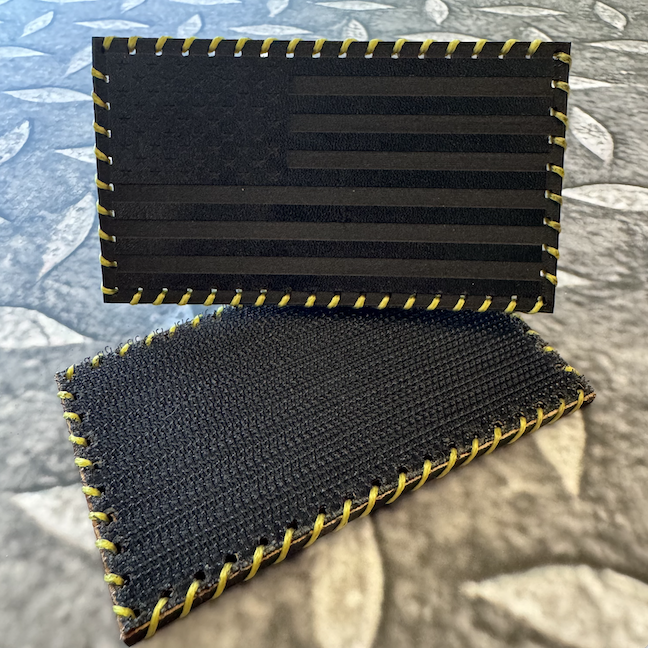 Hand Stitched Leather American Flag Patch - Black + Yellow Stitching