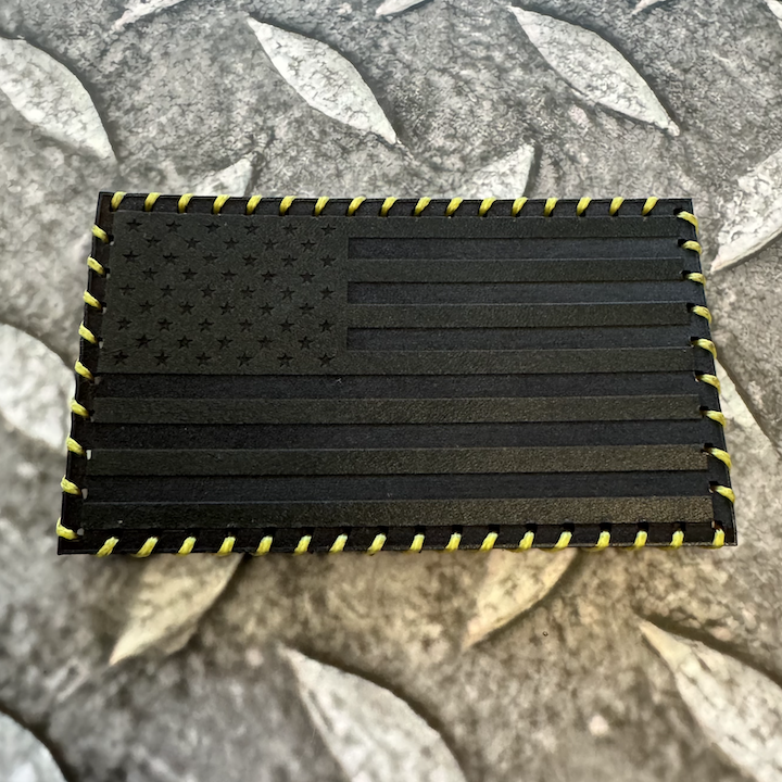 Hand Stitched Leather American Flag Patch - Black + Yellow Stitching