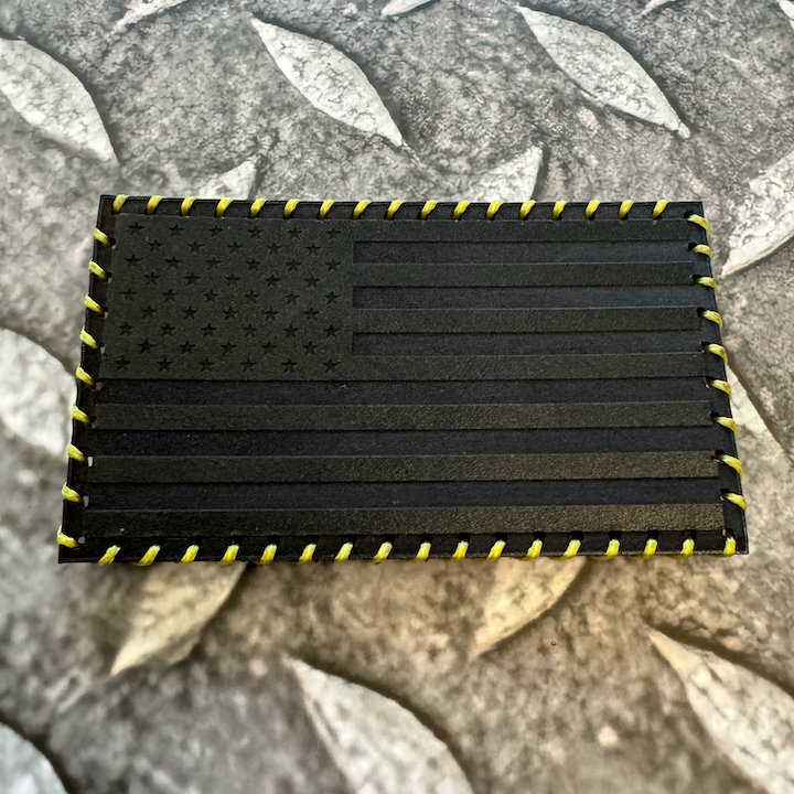 Hand Stitched Leather American Flag Patch - Black + Yellow Stitching