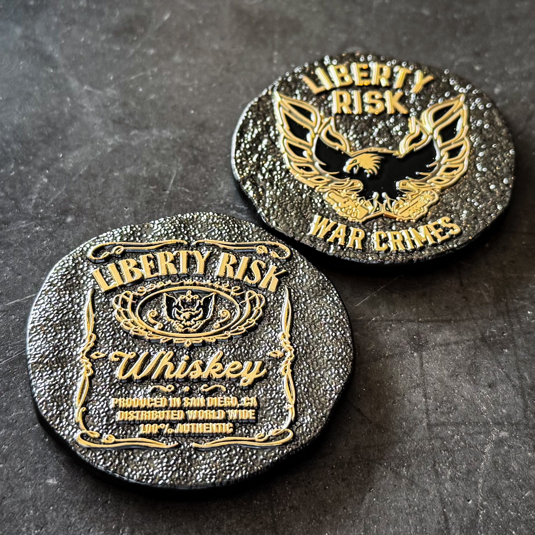 Whiskey & War Crimes Black & Gold Coin