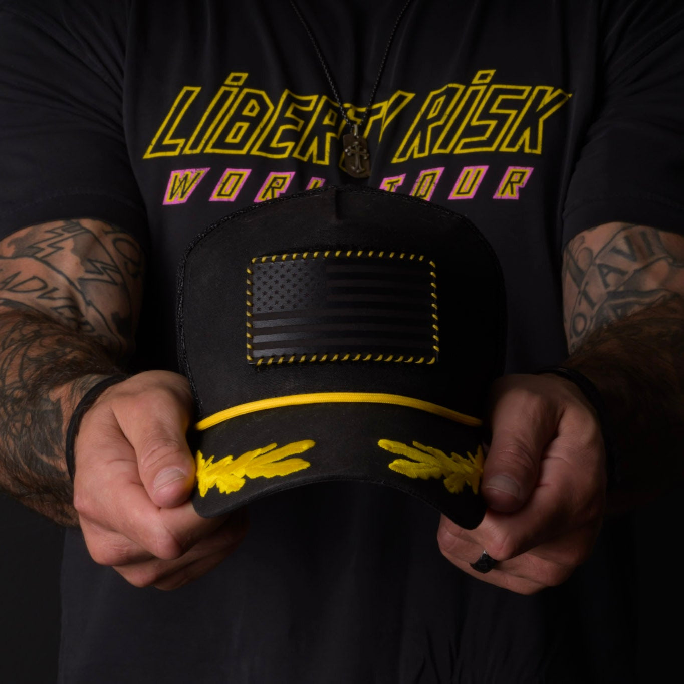 Hand Stitched Leather American Flag Patch - Black + Yellow Stitching