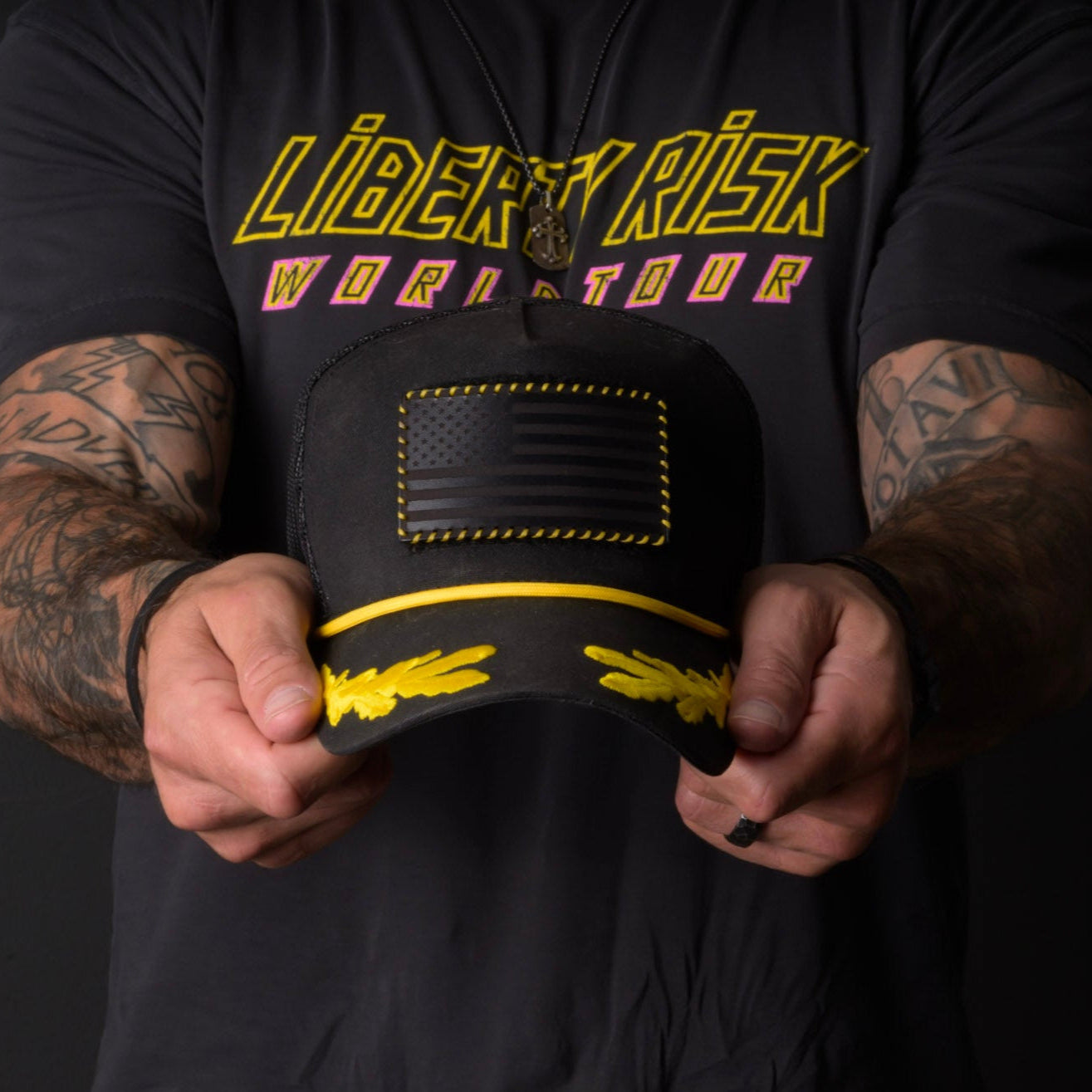 Hand Stitched Leather American Flag Patch - Black + Yellow Stitching